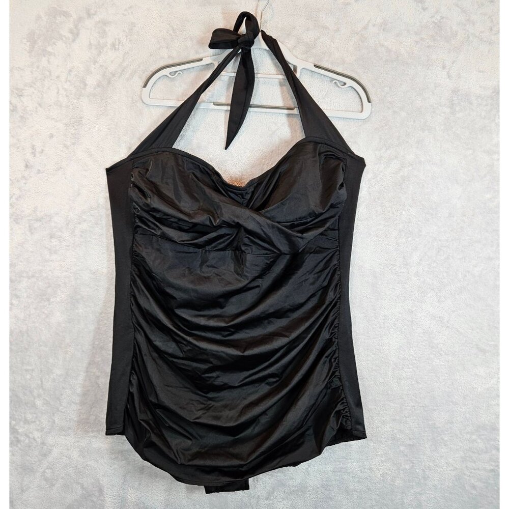 White Stag Womens 22-24 Black Halter Ruched Swimsuit halter vacation pool beach